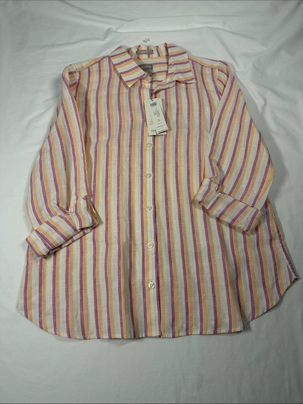 Chico's W4 No Iron Linen Roll Tab Gold Metallic 3/4 SLV Multi Stripe